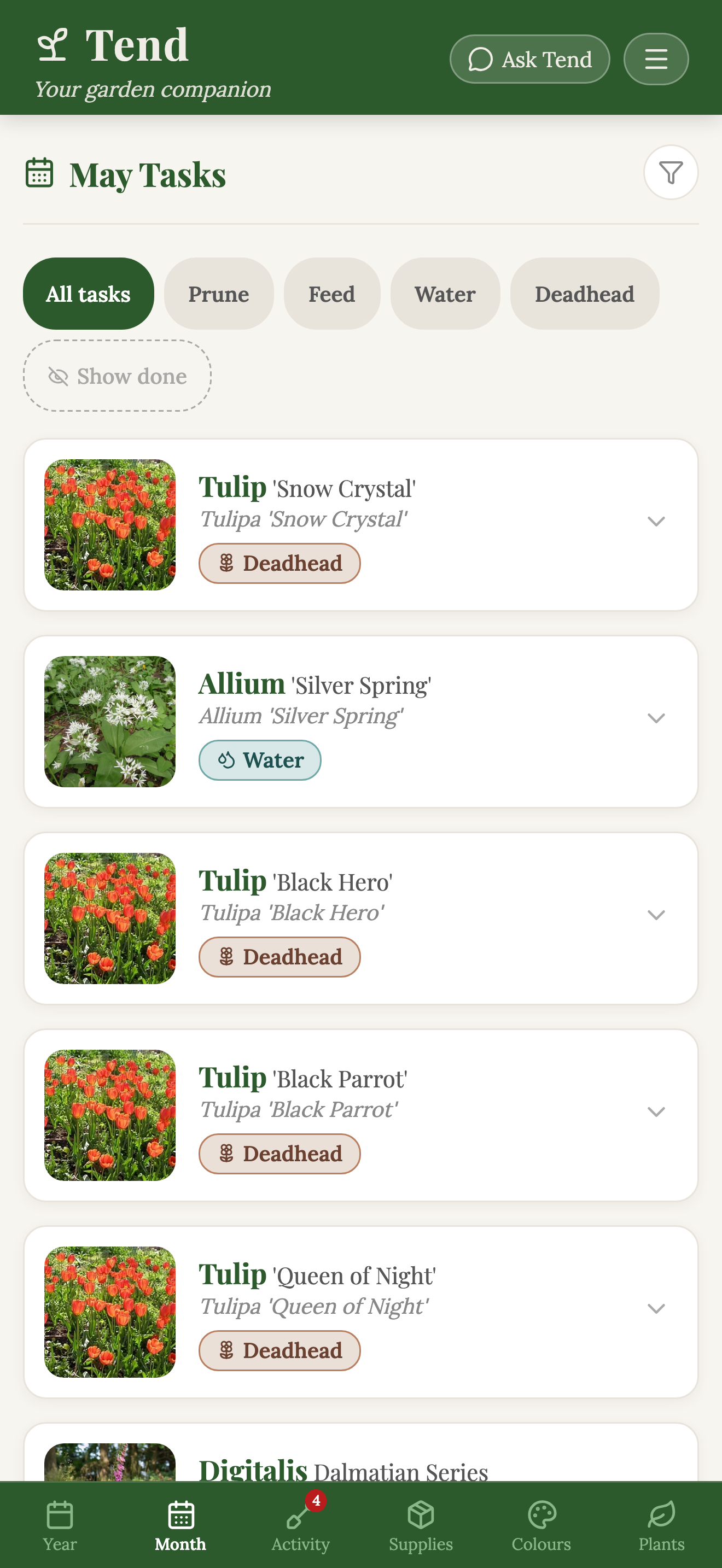 Tend app April Tasks — a scrollable list of plants with care task pills (Feed, Prune, Water) filterable by task type at the top