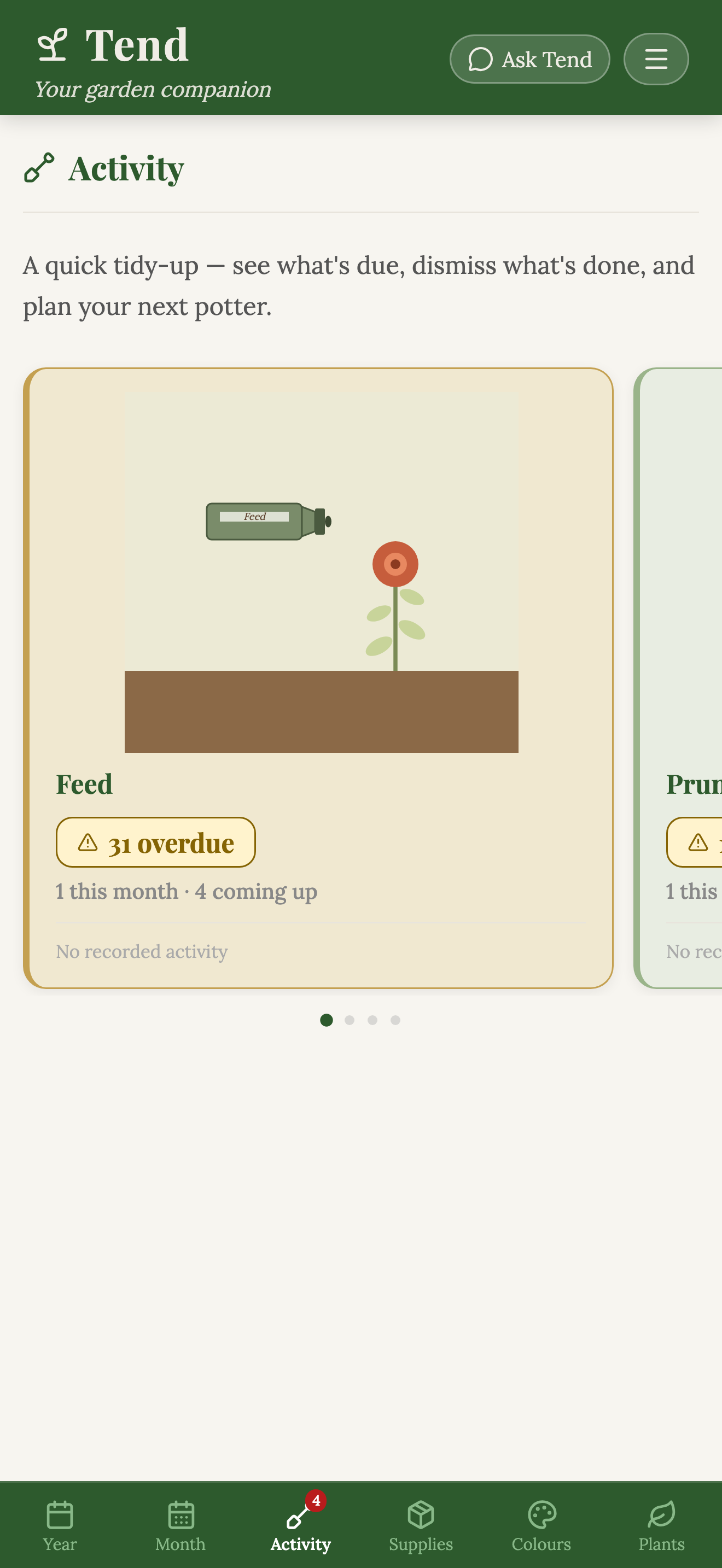 Tend app Activity — four task-type summary tiles for Feed, Prune, Water, and Deadhead, each showing overdue, this-month, and upcoming counts