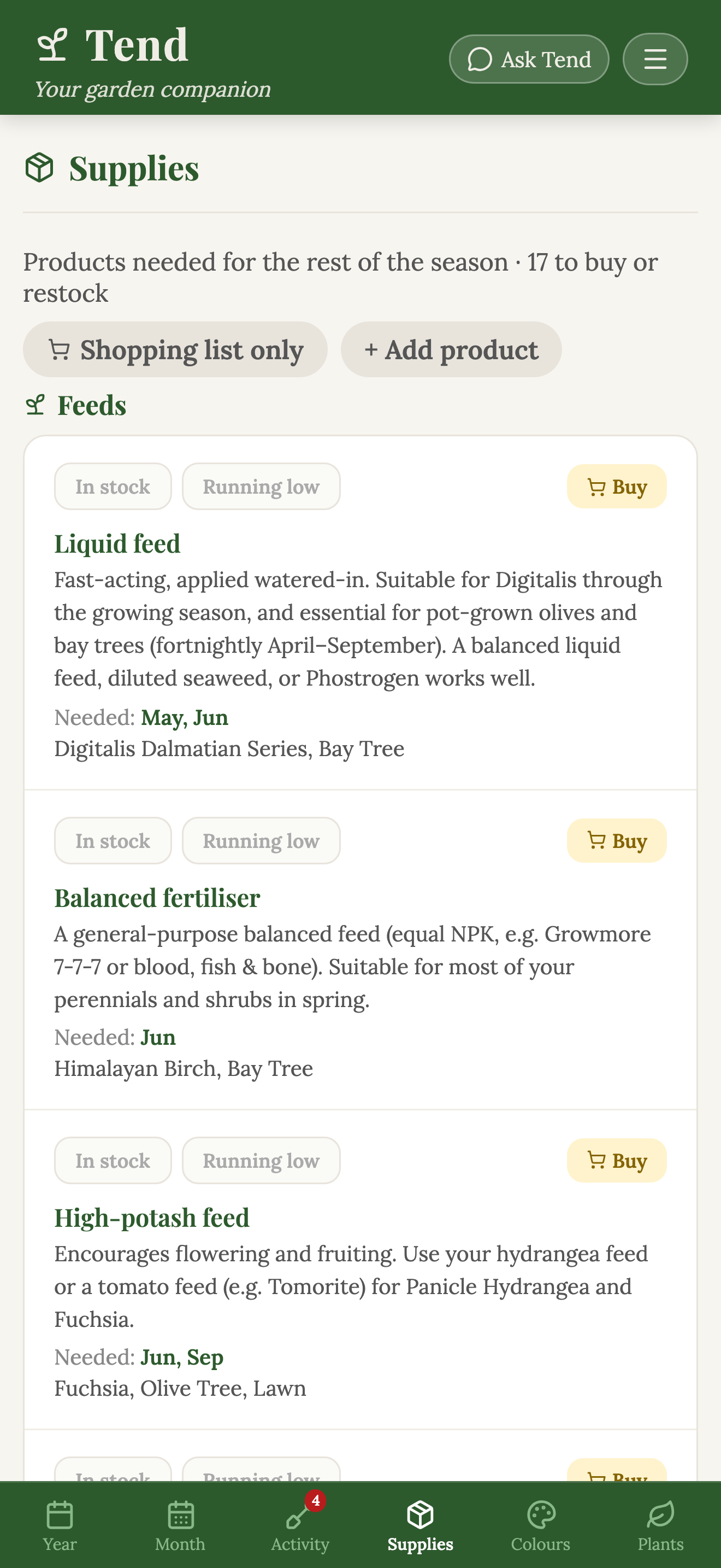 Tend app Supplies — a shopping list of fertilisers and feeds with application months, which plants need them, and in-stock or buy status