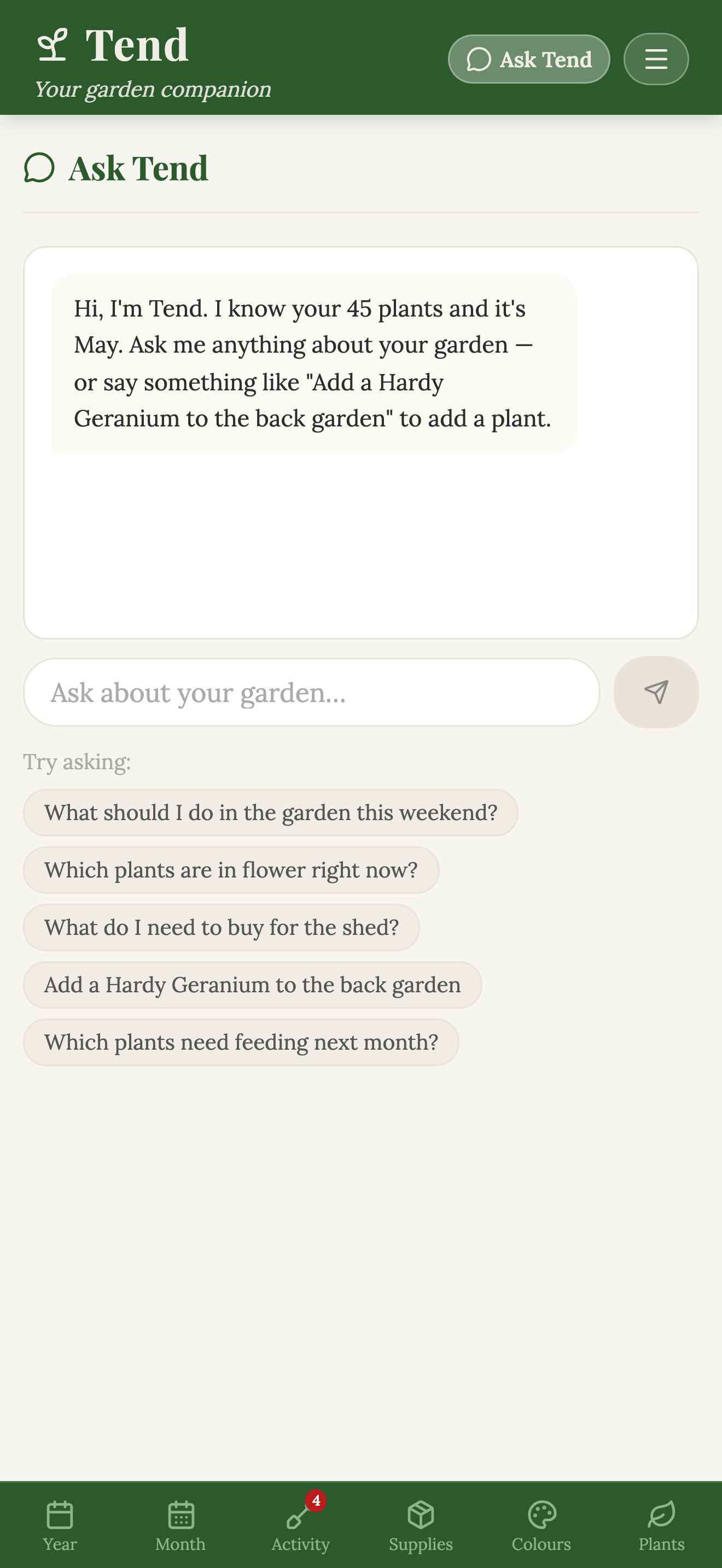 Tend app Ask Tend — AI assistant intro screen with personalised advice bullets and a Discover Premium call-to-action button